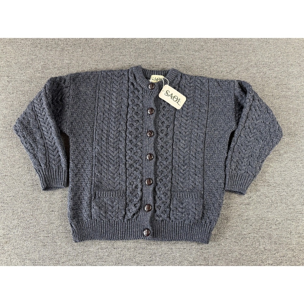 SAOL Sweater Womens Small Gray Wool Cable Knit Aran Lumber Jacket Ireland